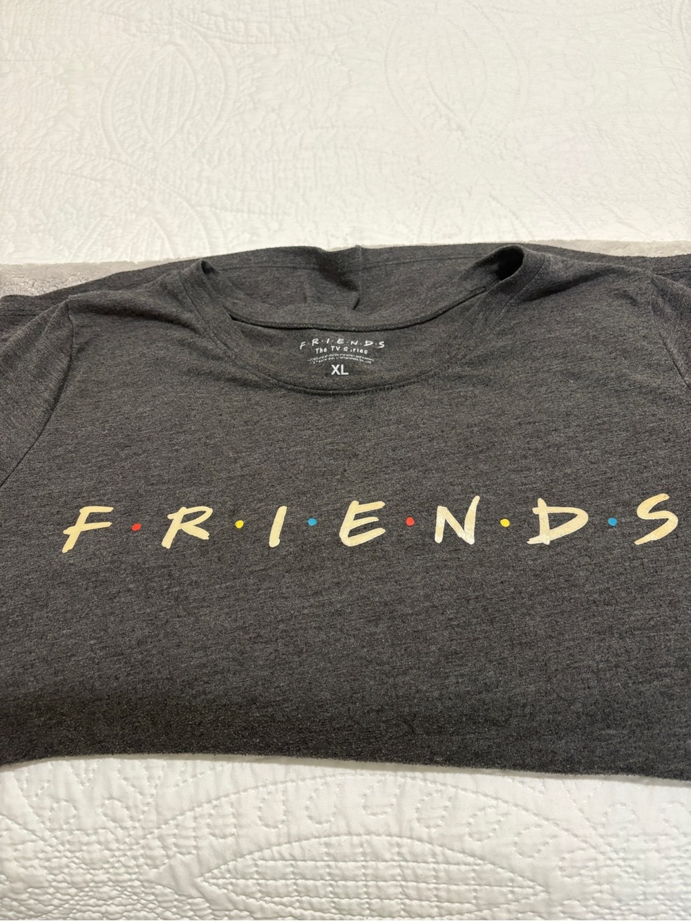FRIENDS Charcoal Gray Short Sleeve Tee with Multicolor Logo used